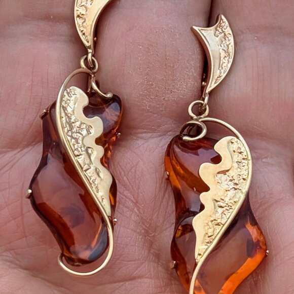 Russian Russia 14K 585 Rose Pink Gold Baltic Honey Amber Dangle Drop Earrings - Picture 9 of 9